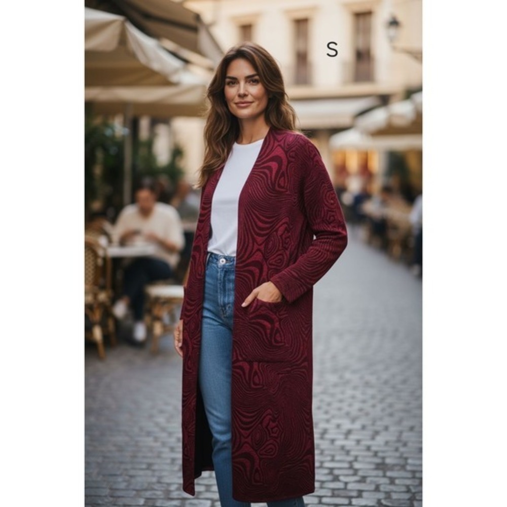 Burgundy Abstract Swirl Jacquard Longline Duster Cardigan Open Front‎ Pocketed S